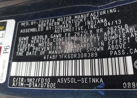 2013 Toyota Camry Le z USA, uszkodzony, nr VIN 4T4BF1FK6DR308389